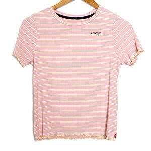 Levi's Retro Teen Ribbed Pink Striped Crewneck Lettuce Hem Short Sleeve T-Shirt